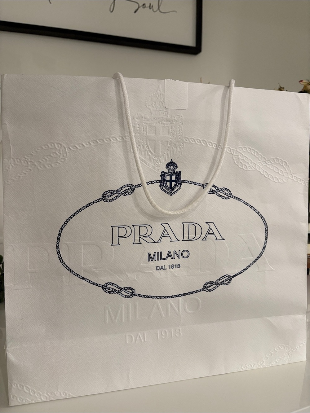 Prada White Shopping Tote with Navy Logo